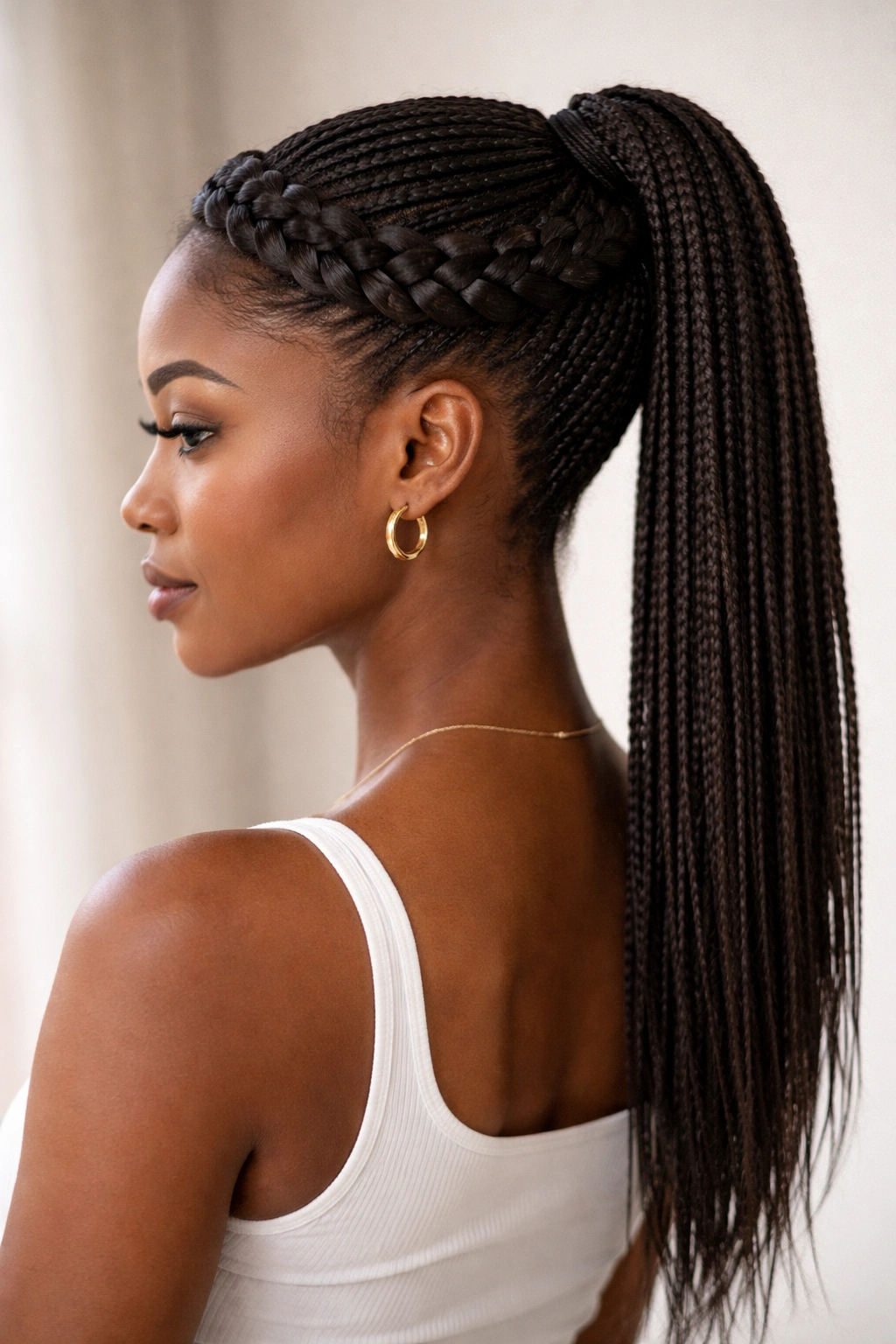 Close-up of halo crown braid around ponytail with soft studio lighting