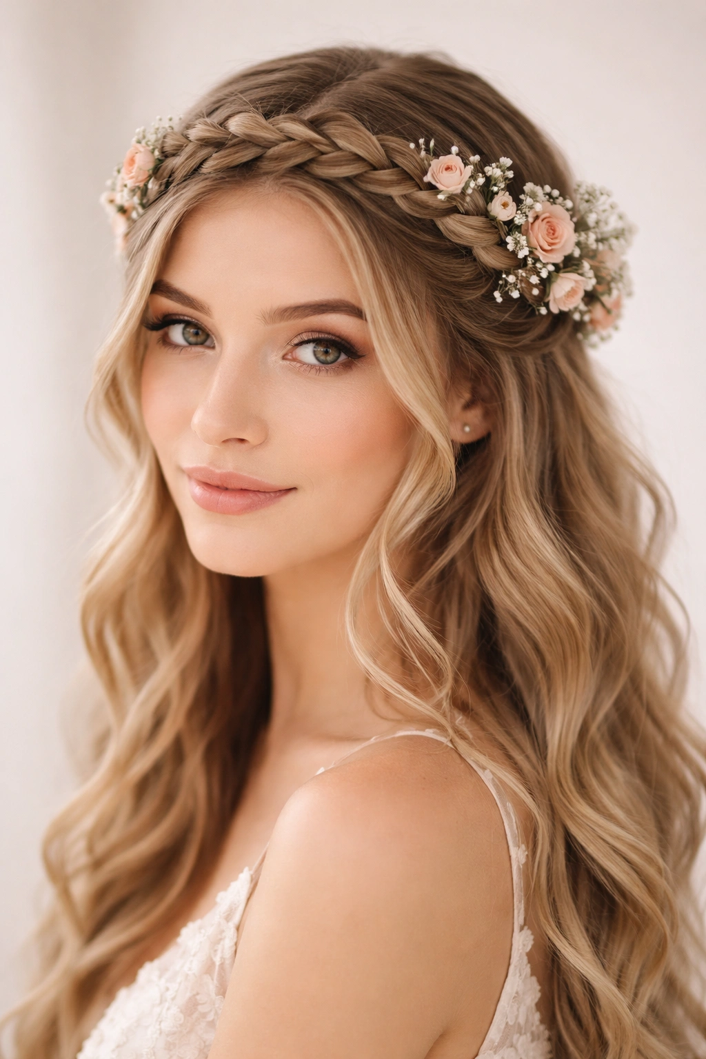 Halo braid around the head with woven florals in a studio setting