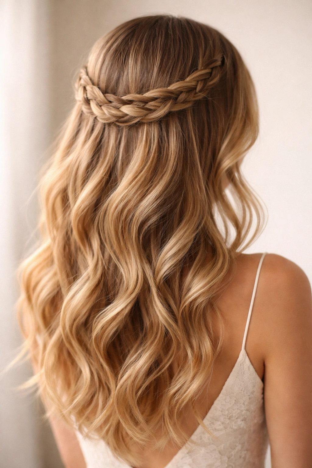 Halo braid around back of head with loose face-framing waves