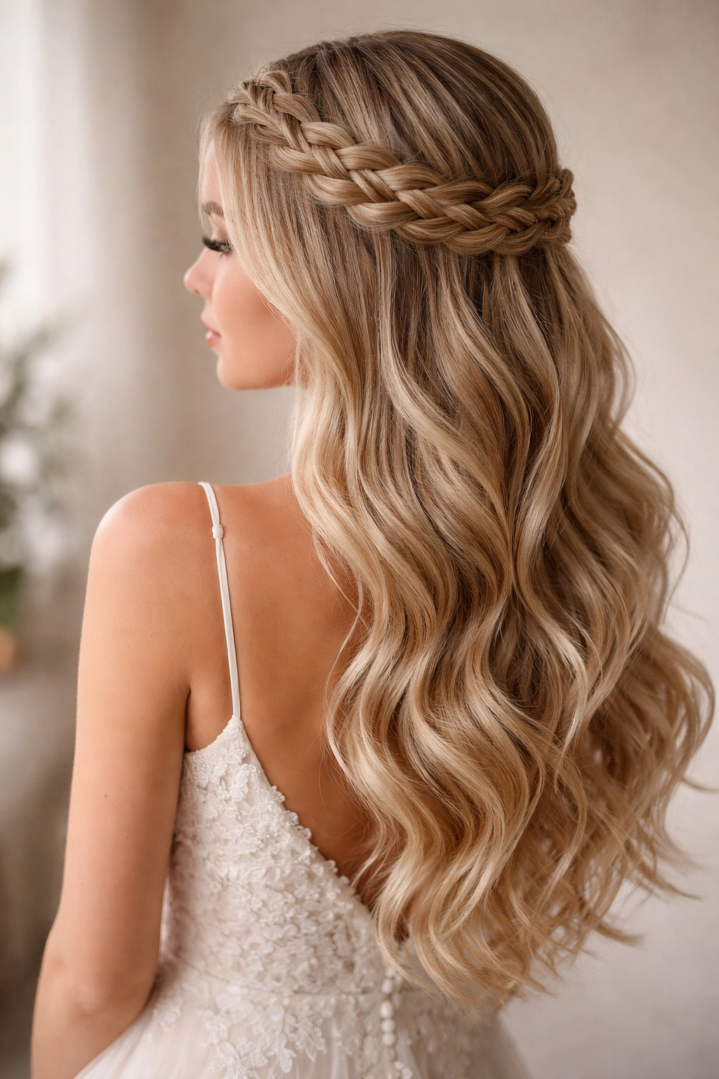 Halo braid crown with half-down waves for a romantic formal look
