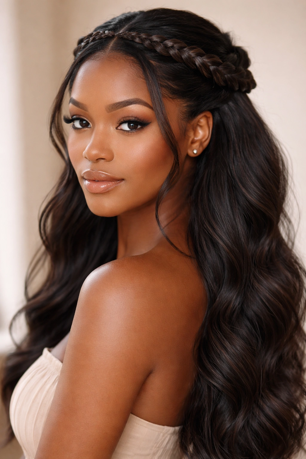 Close-up of a Black woman wearing a halo braid half up, crown braided halo framing the face.