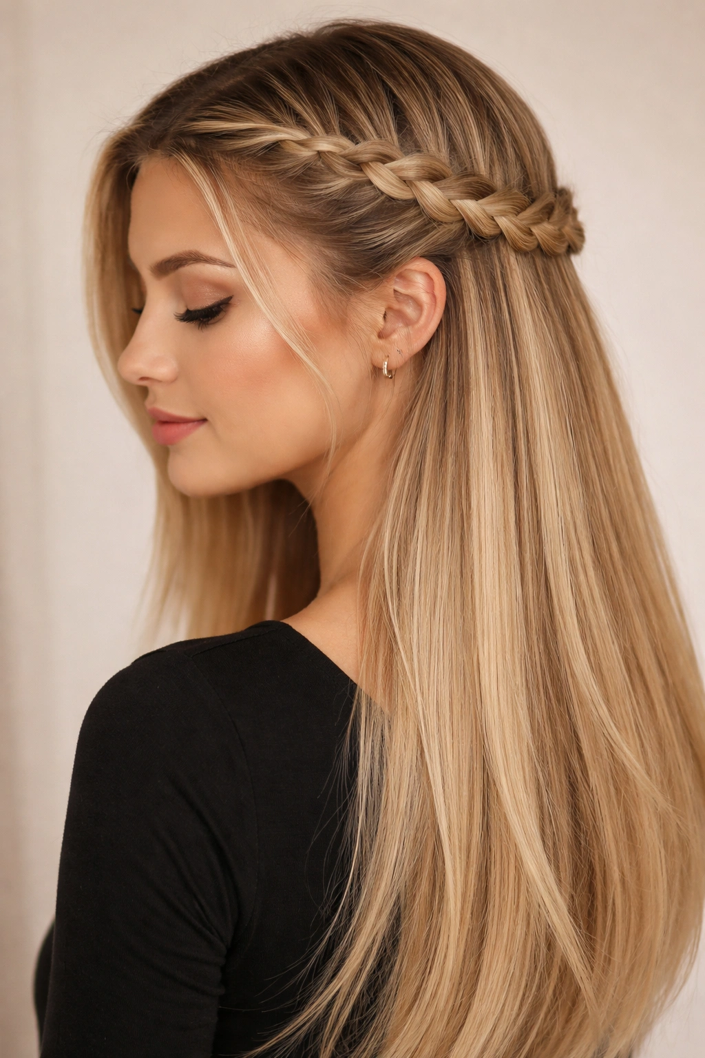 Partial halo braid framing the face with loose hair