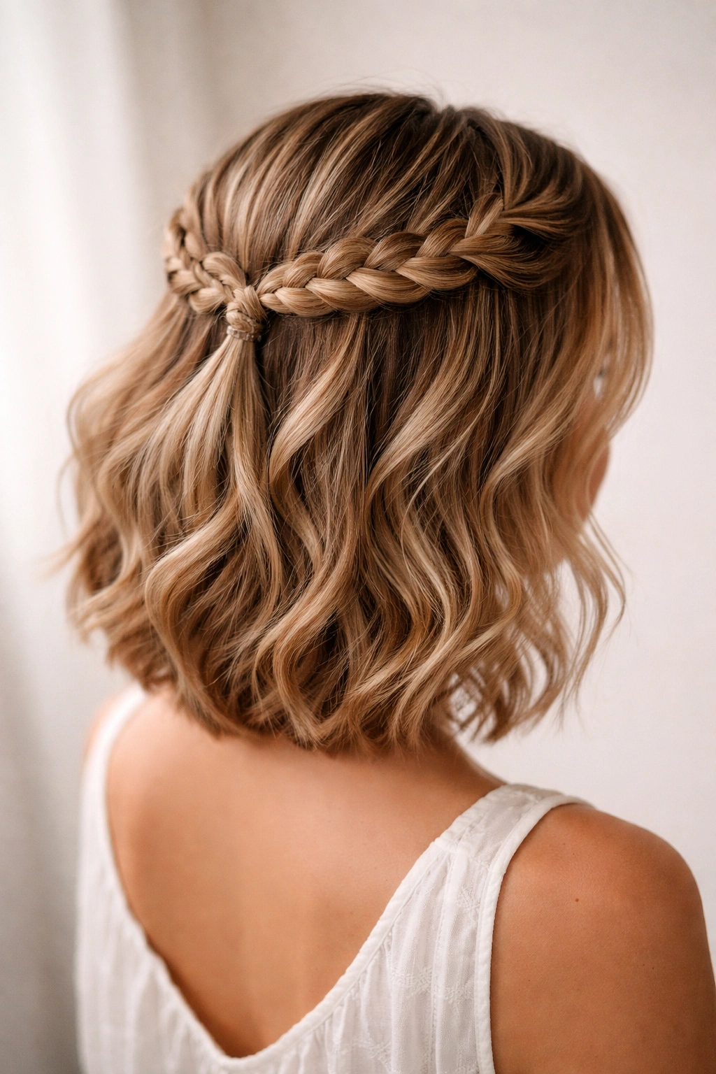 Halo braid encircling head with half-up section and waves