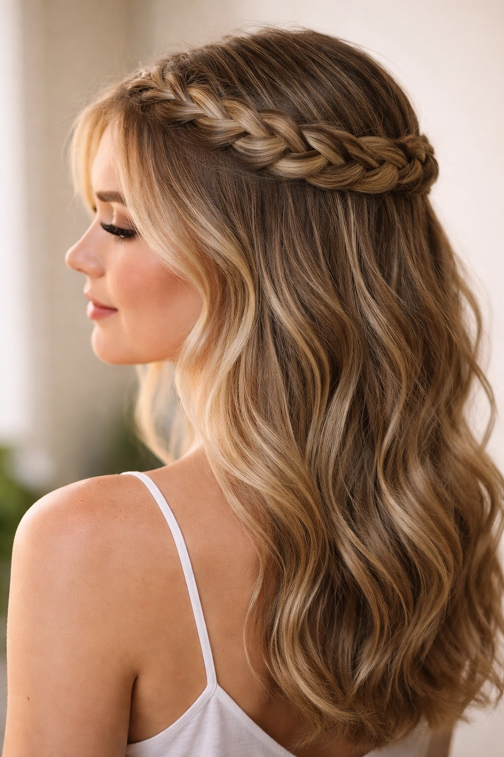 Close-up of Halo Braid Half Up hairstyle with halo braid around the head