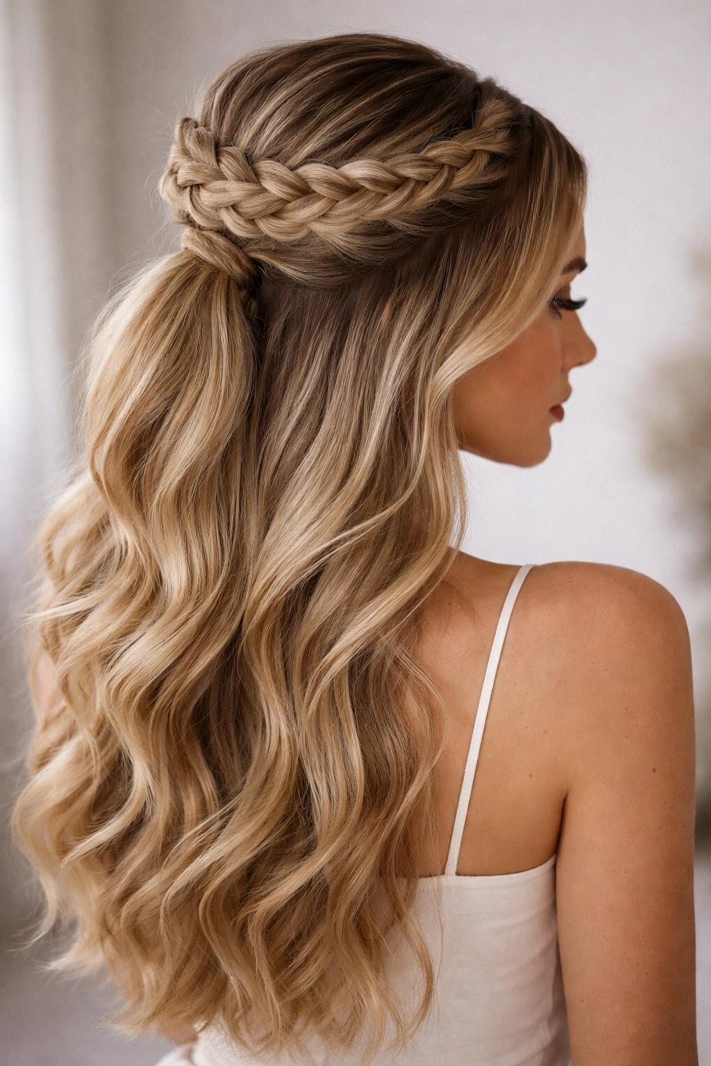 Halo braid encircling the crown with a half-up ponytail