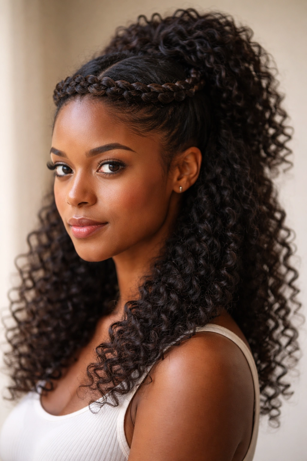Halo braid forming a crown around the head with half-up section at back