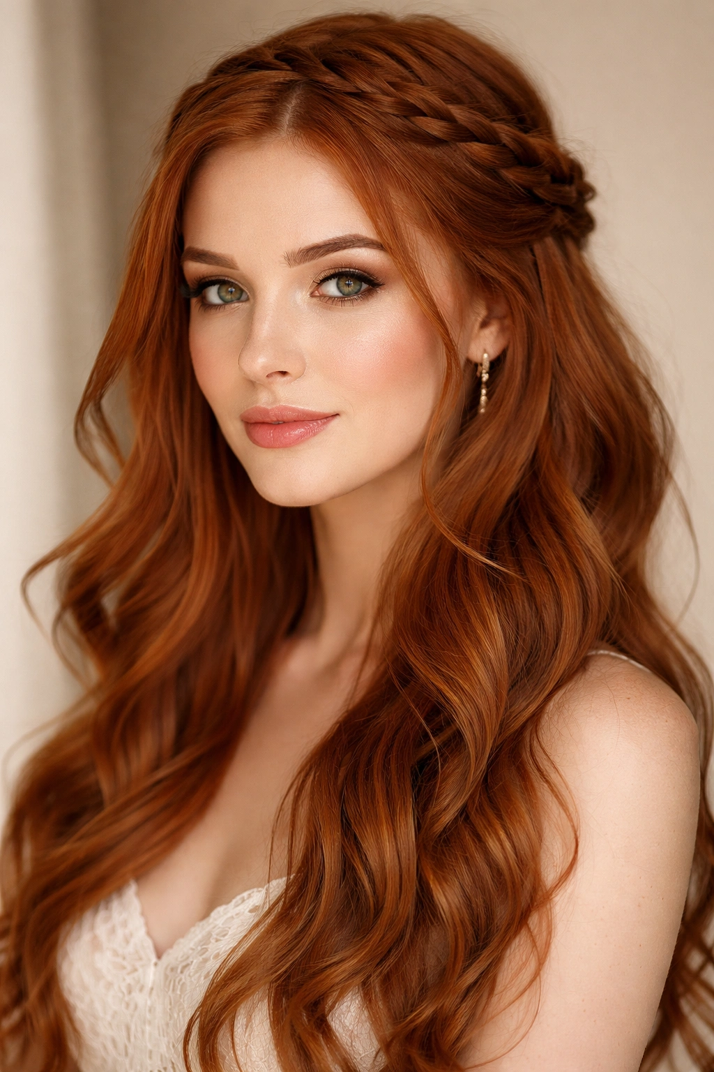 Soft halo braid half up with waves on red hair