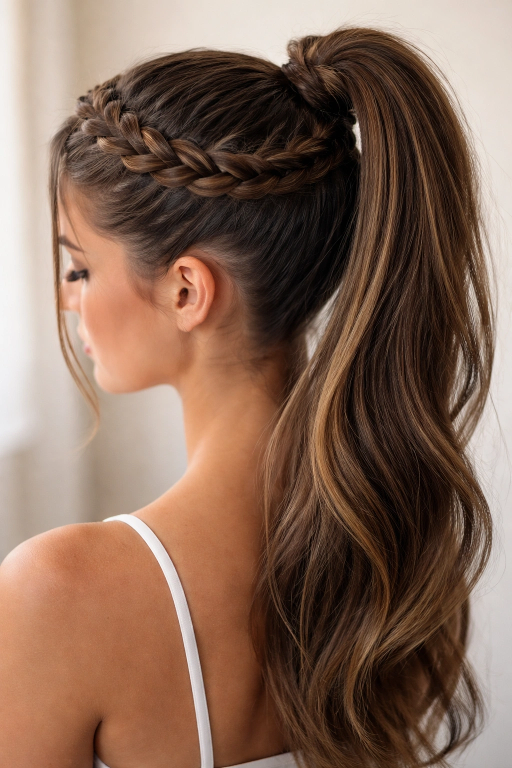 Close-up of halo braid high ponytail with circular crown braid