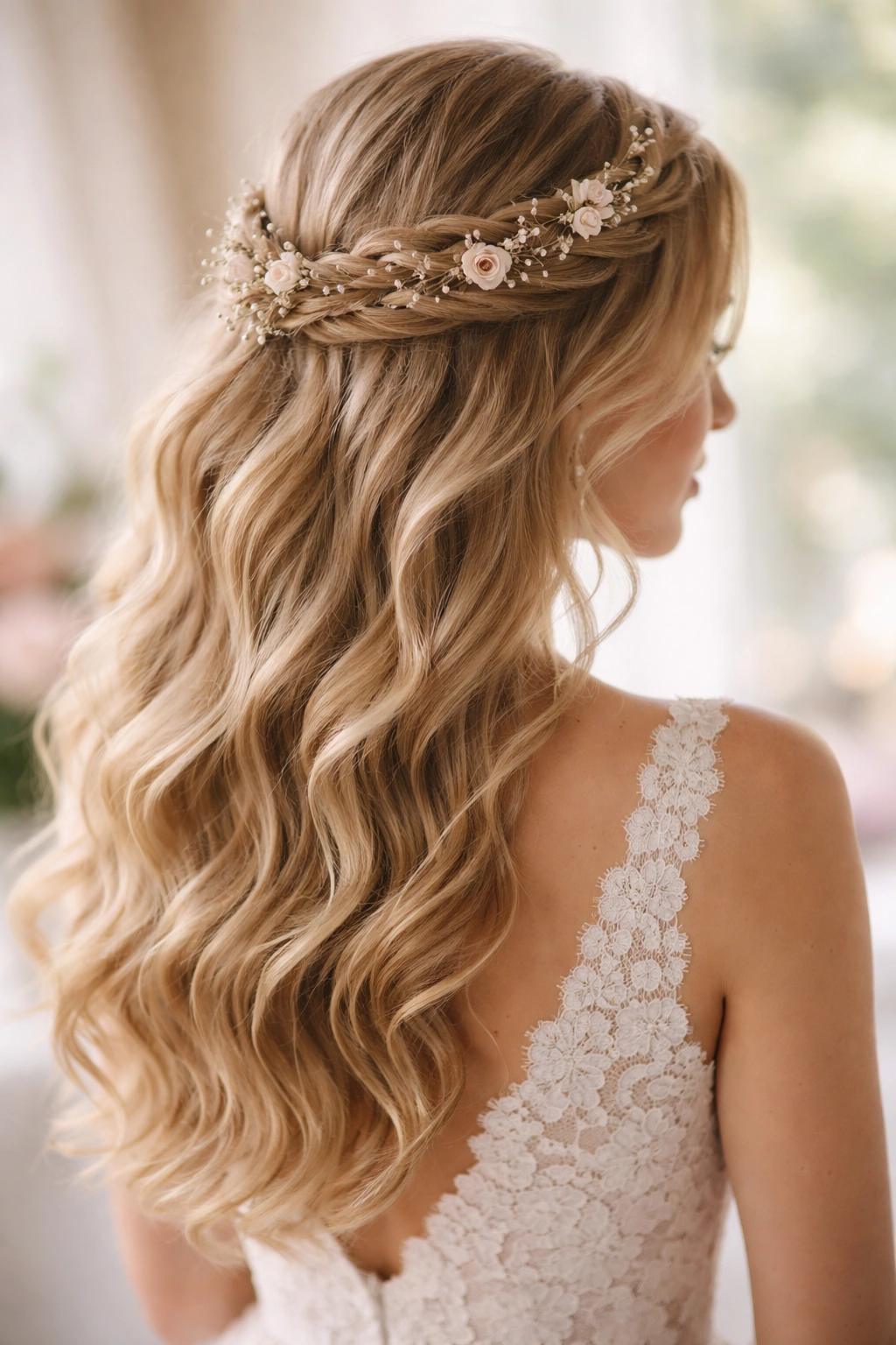 Halo braid around the crown with loose curls cascading down the shoulders