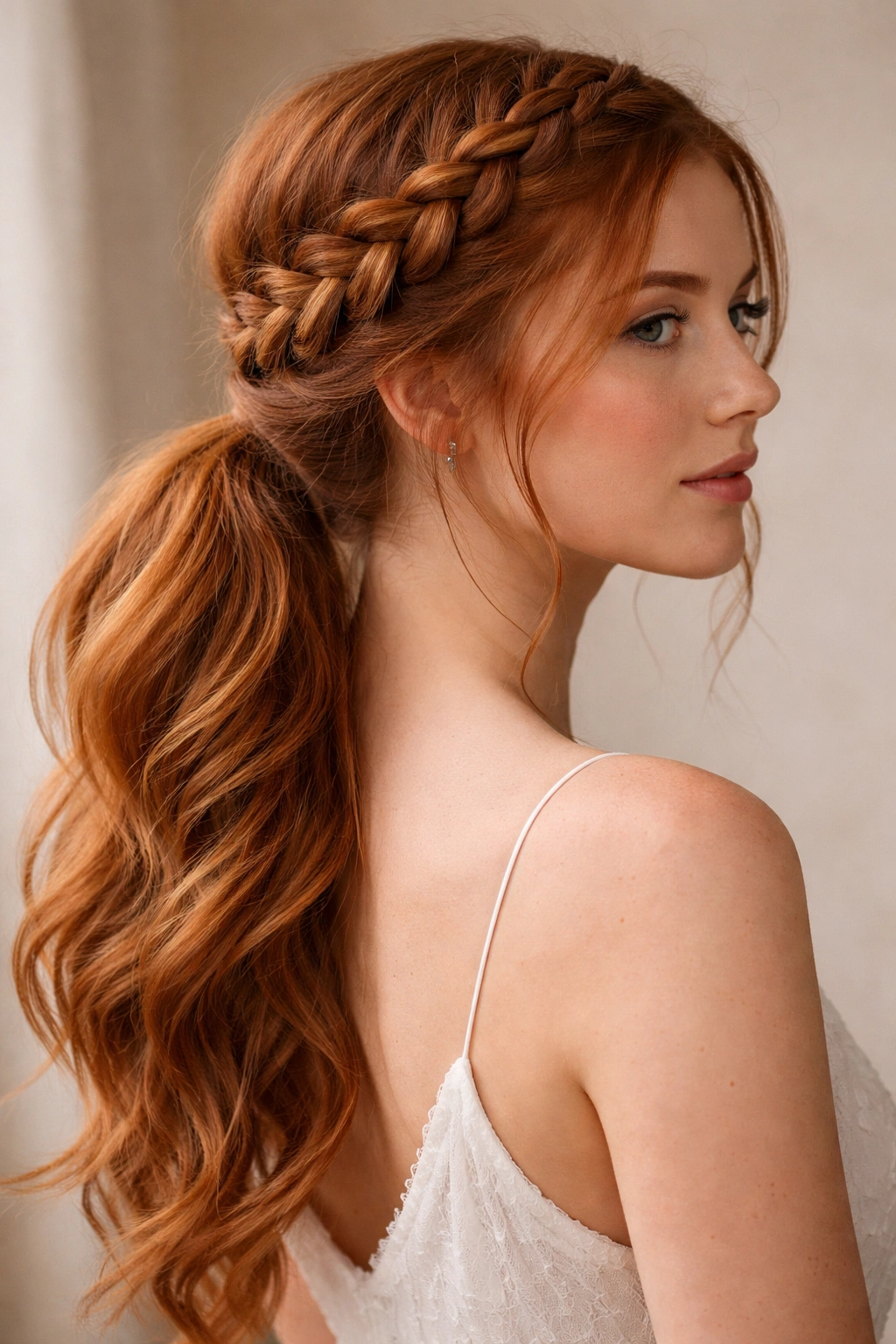 Ginger-haired person with halo braid and softly twisted ponytail