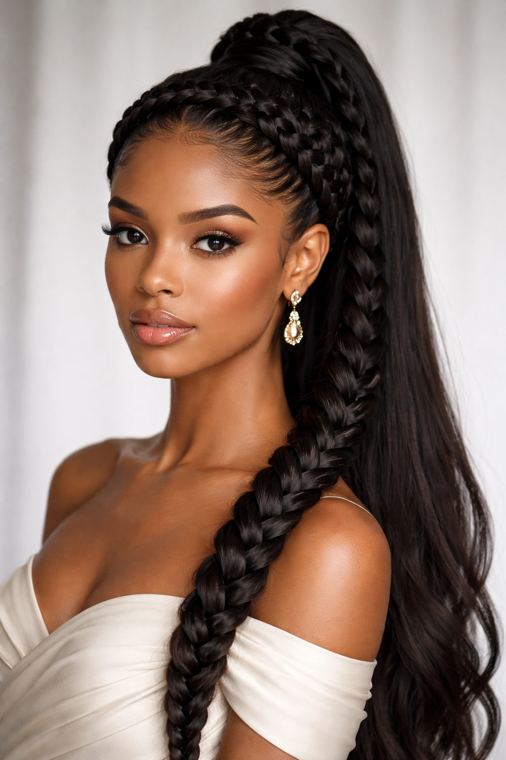 Halo braid encircling head connected to a crown high ponytail