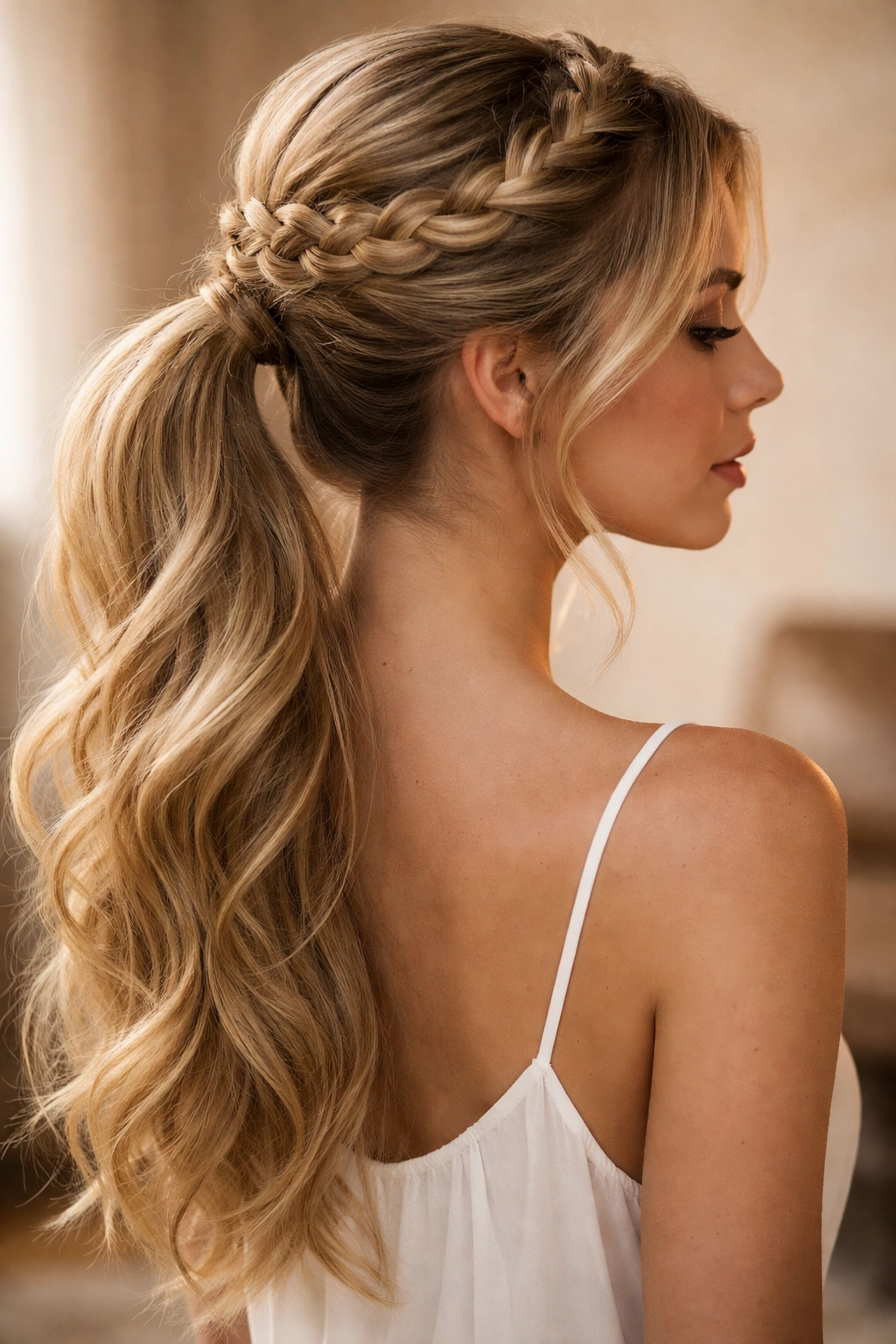 Halo braid crown around head leading into a low ponytail