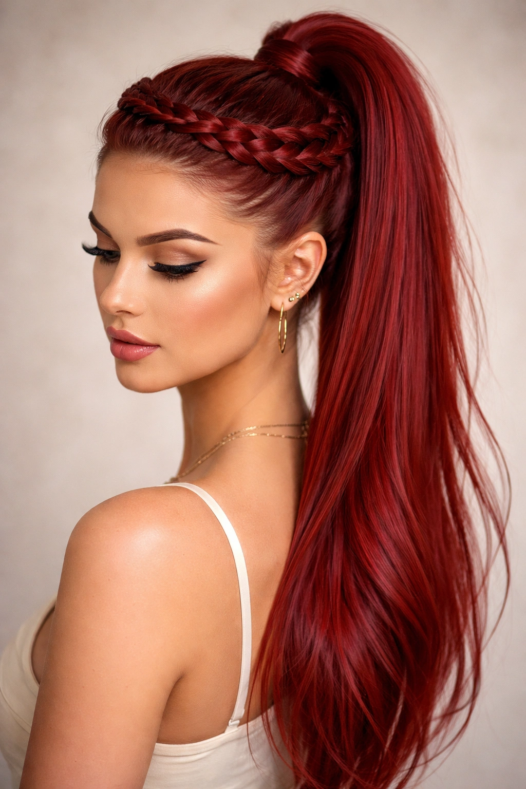 Halo braid around head with centered red ponytail