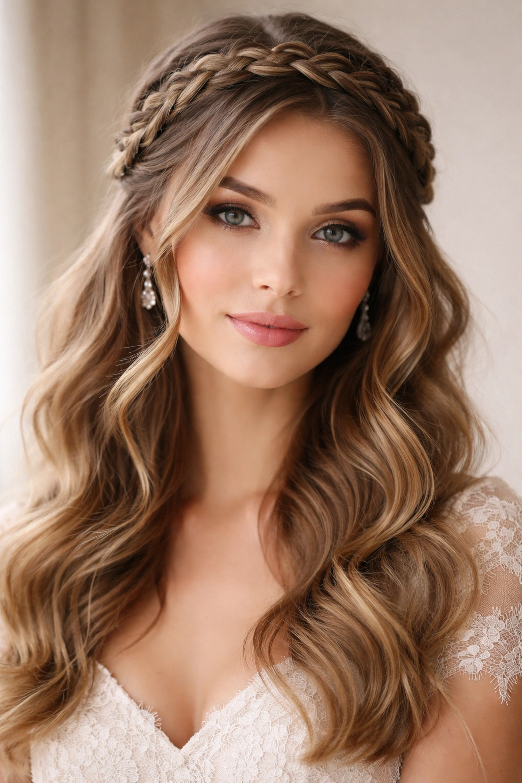 Portrait of halo braid around crown with soft waves framing the face