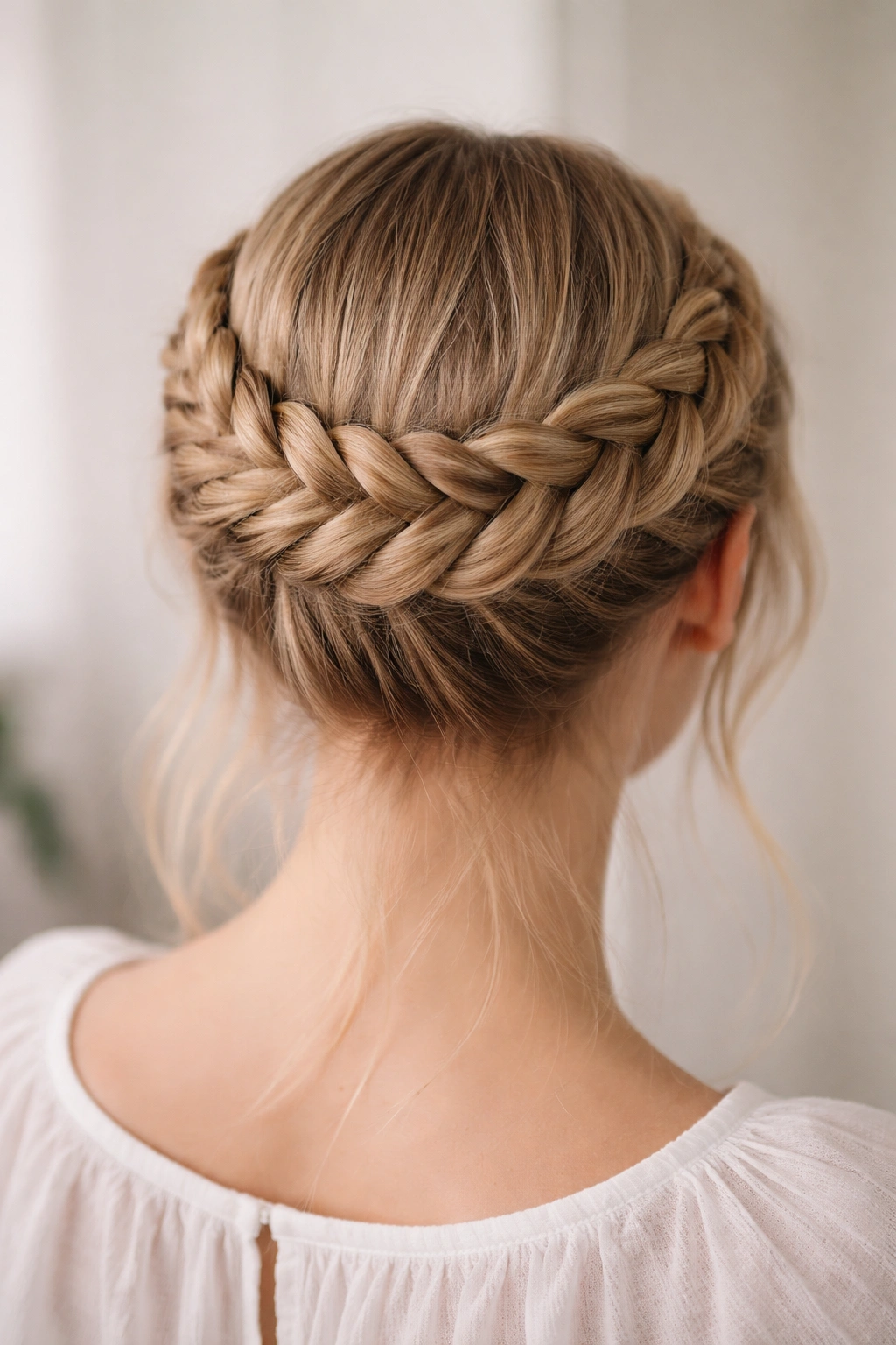 Halo reverse French braid circled around the head on thin hair