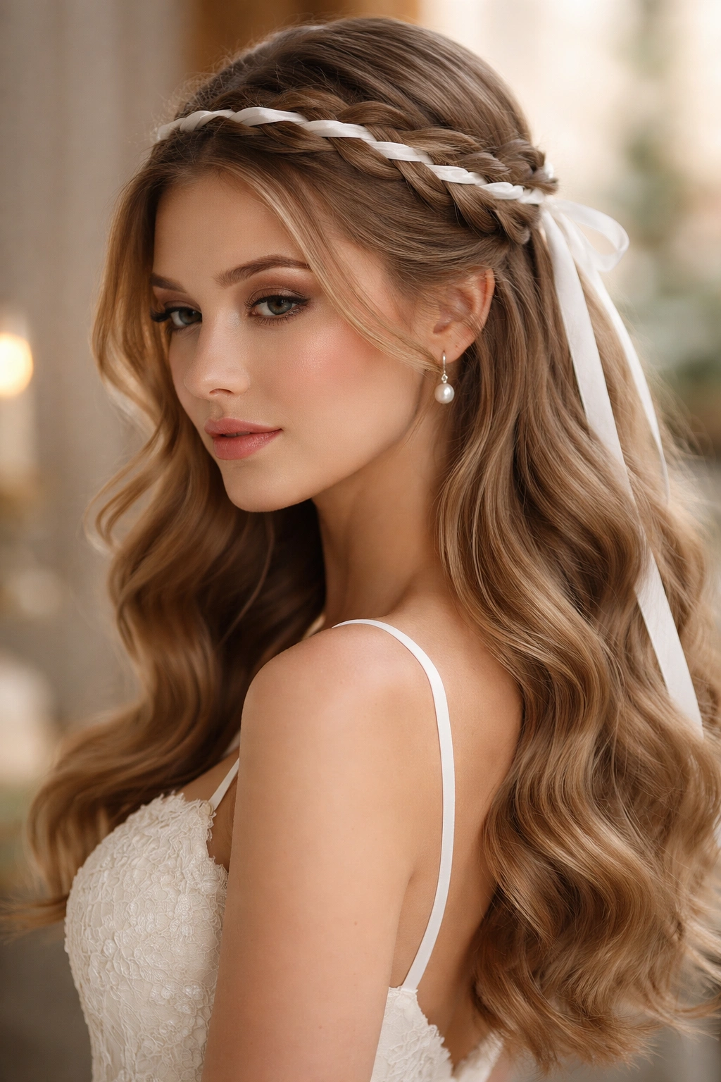 Halo braid threaded with ribbon and soft romantic waves