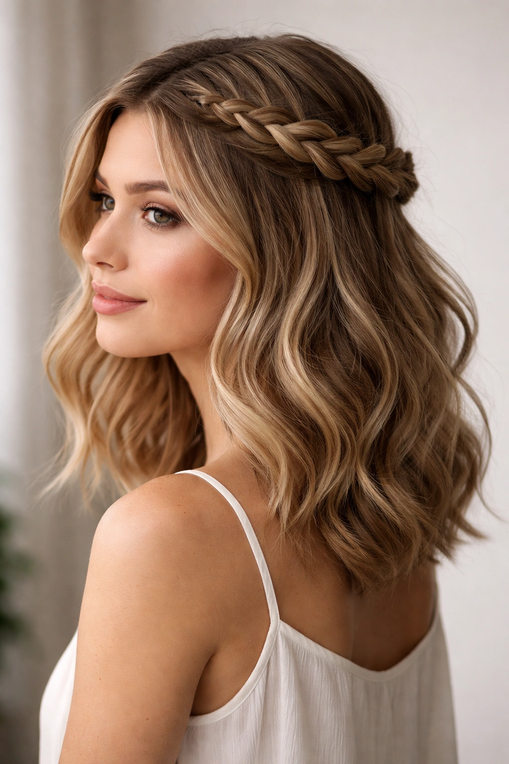 Halo braid half up hairstyle with braided crown and flowing shoulder-length hair