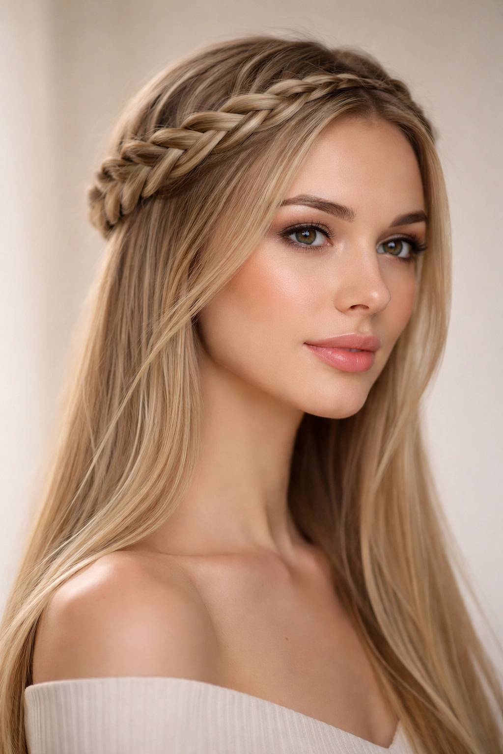 Halo braid close-up on straight hair showing a delicate halo around the head