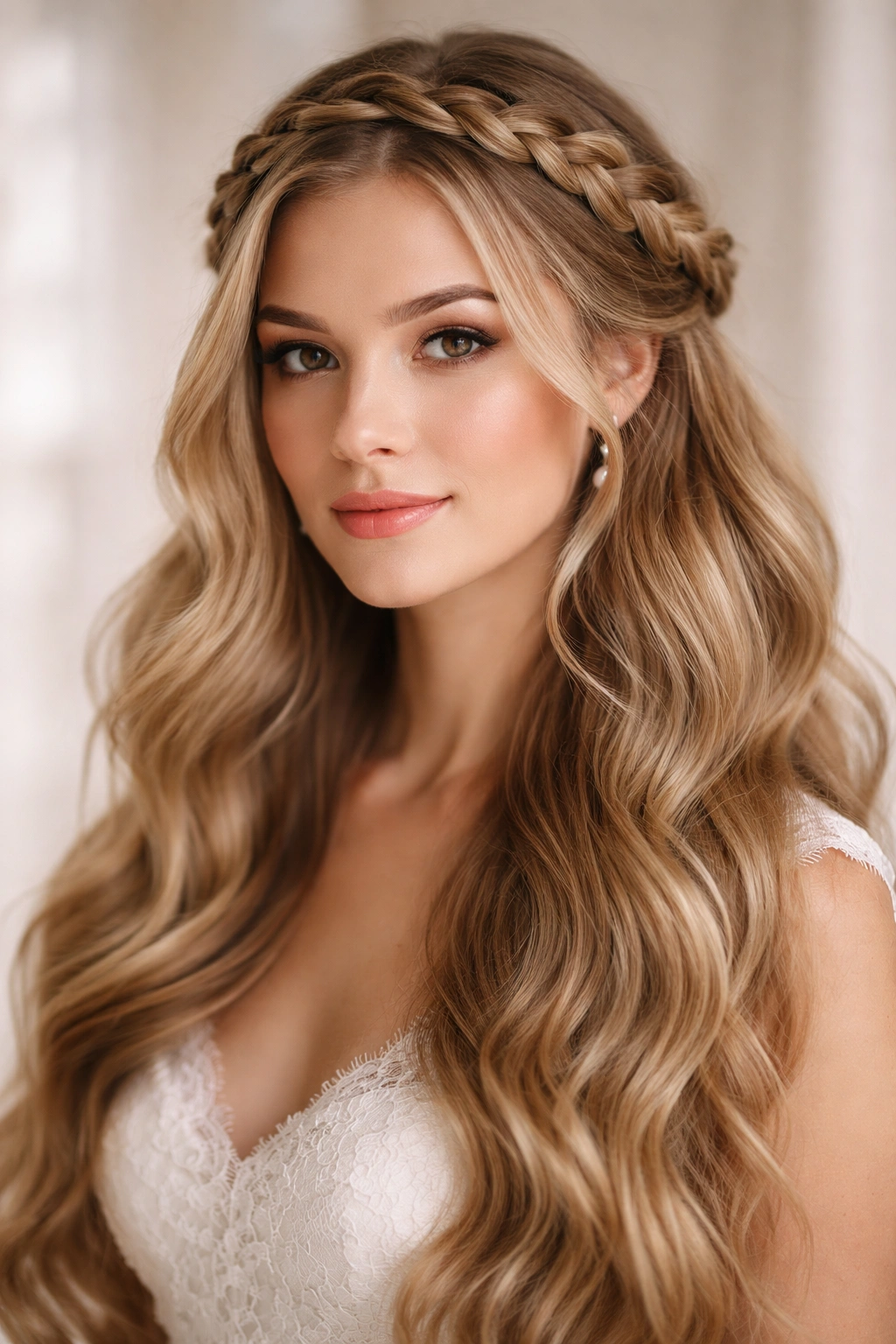 Halo braid around head with hair left down in soft waves
