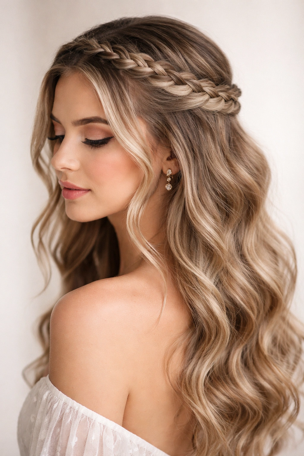 Halo braid across top with face-framing waves in prom styling