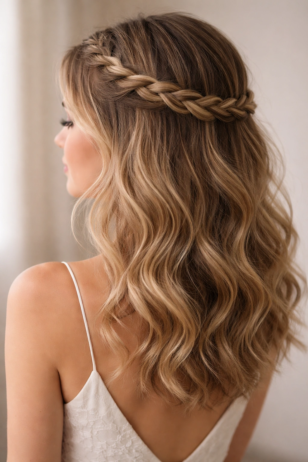Halo braid with waves encircling the head in a soft, romantic look