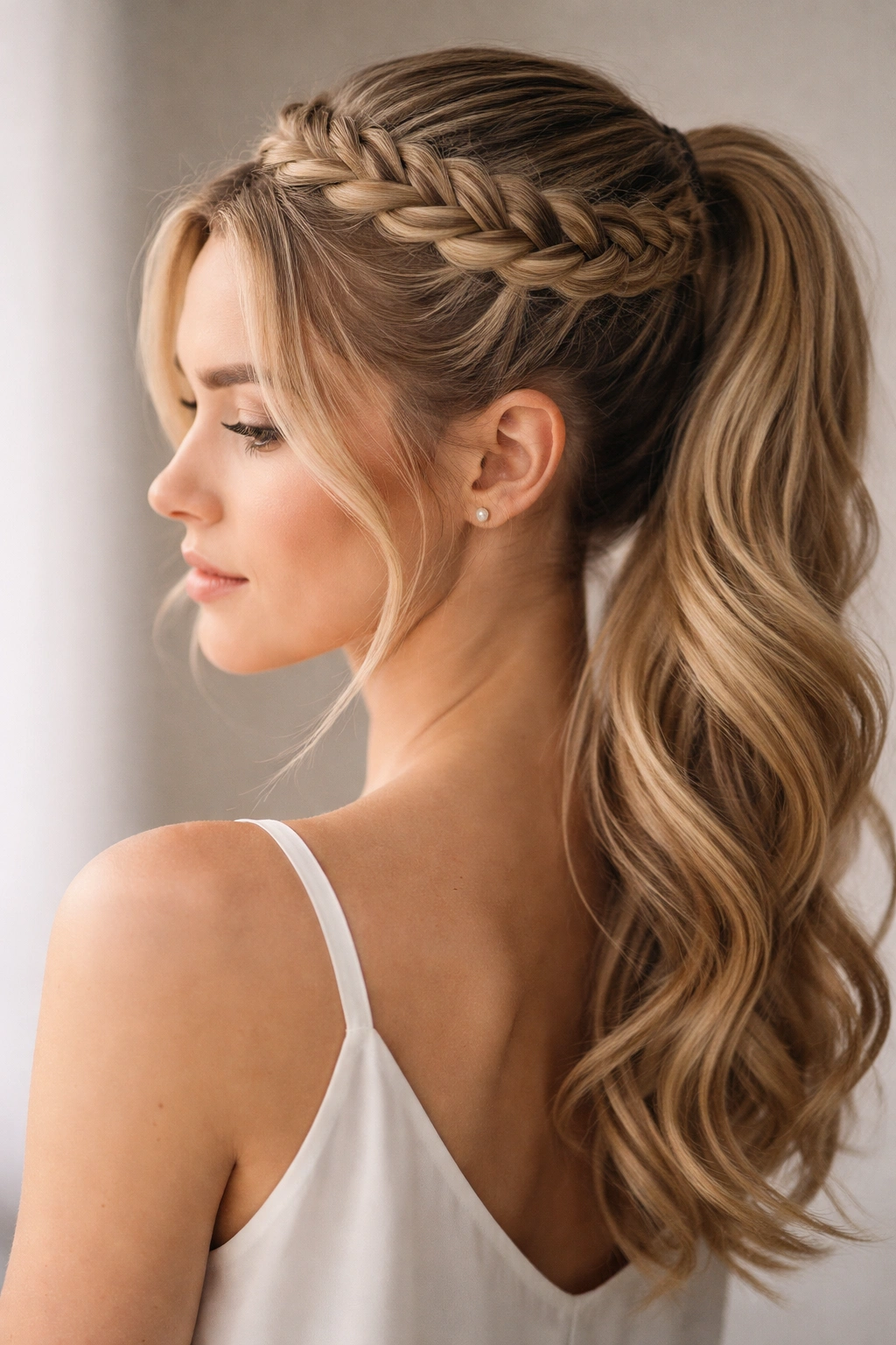 Halo Braided Mid Ponytail with crown-like halo braid and ponytail