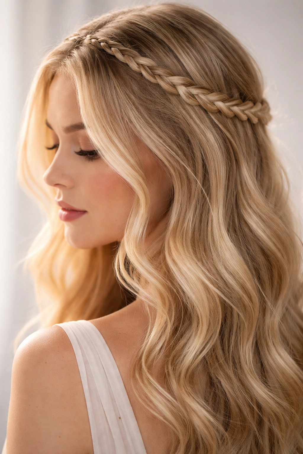 Close-up of blonde hair in a halo braid framing the face.