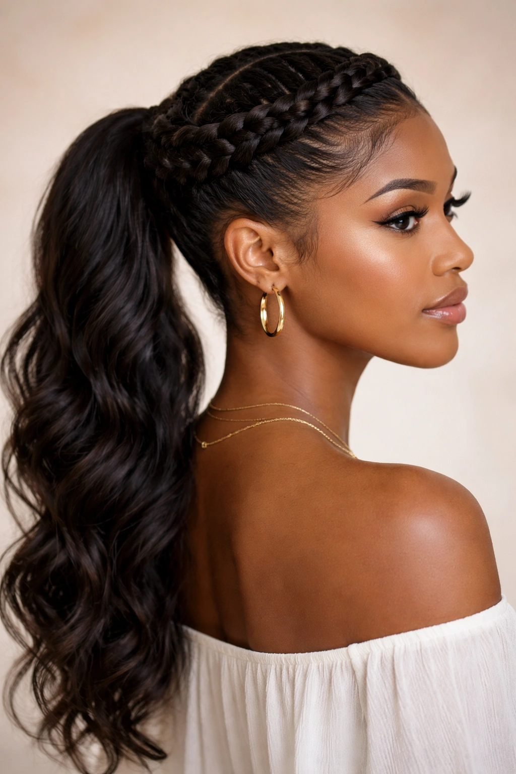 Halo braids crown around the head with ponytail cascading from the back