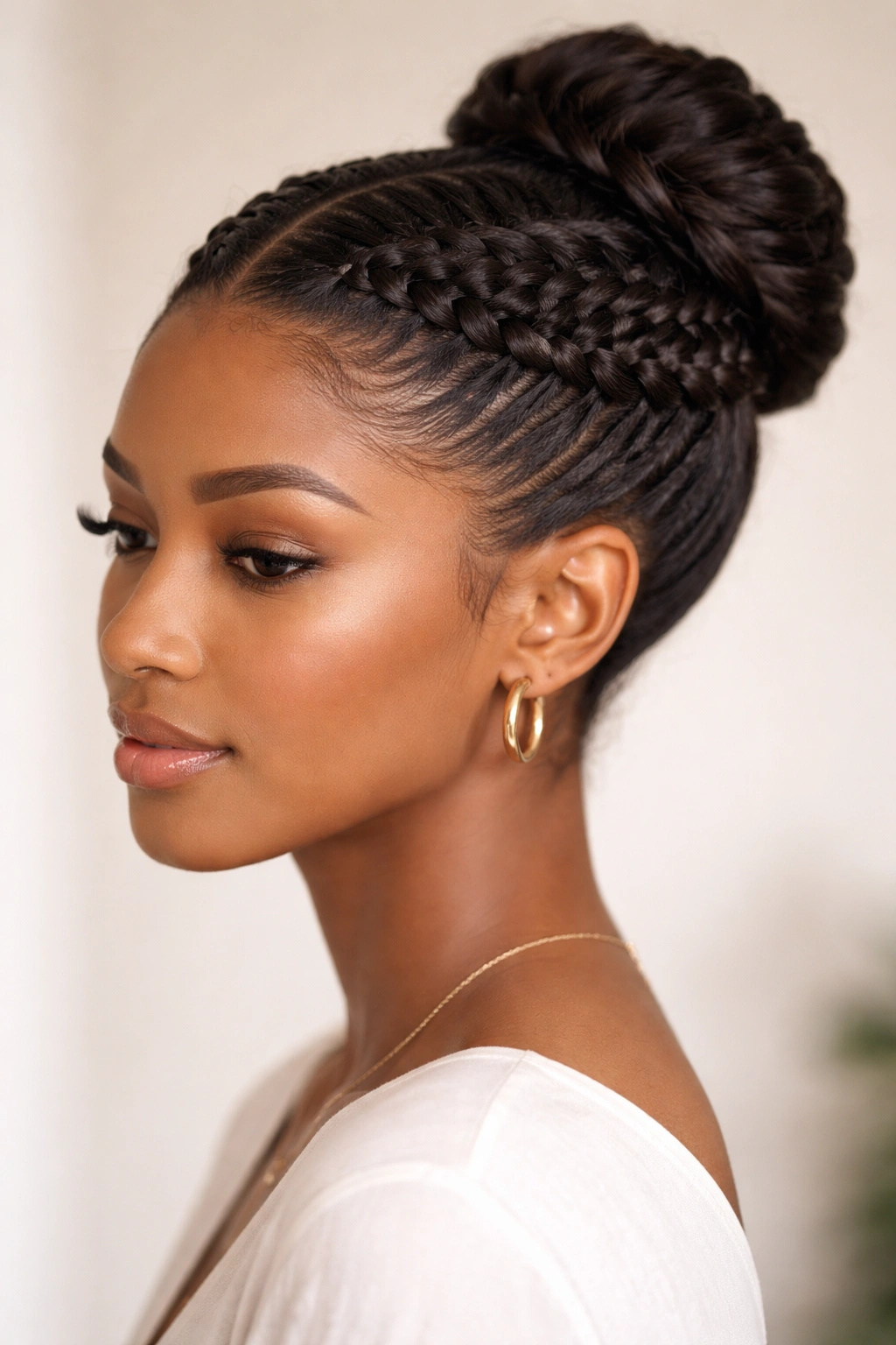 Halo braid encircling the head with a bun at the crown's back.