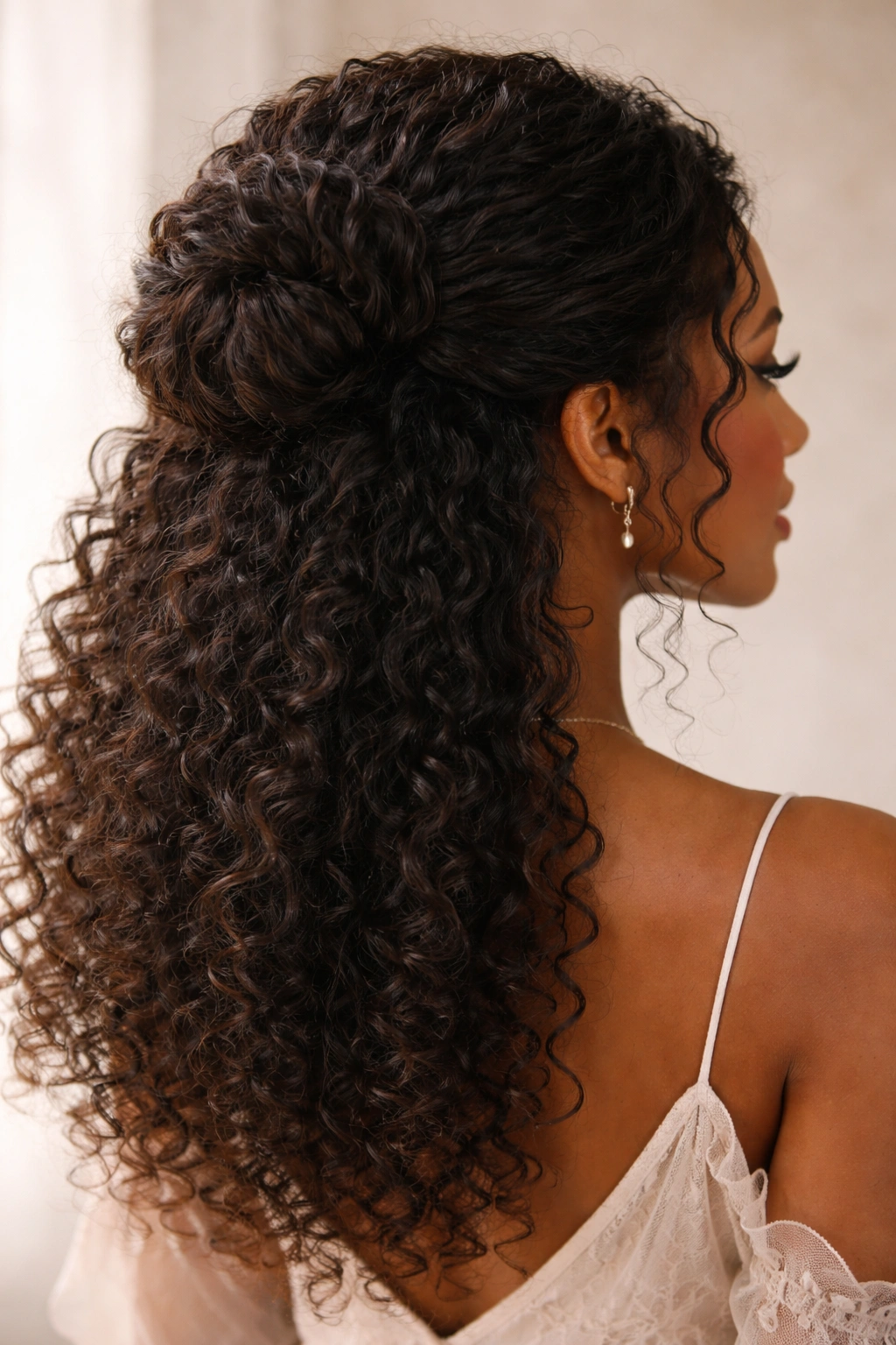 Low, full halo bun with a surrounding halo of loose curls.