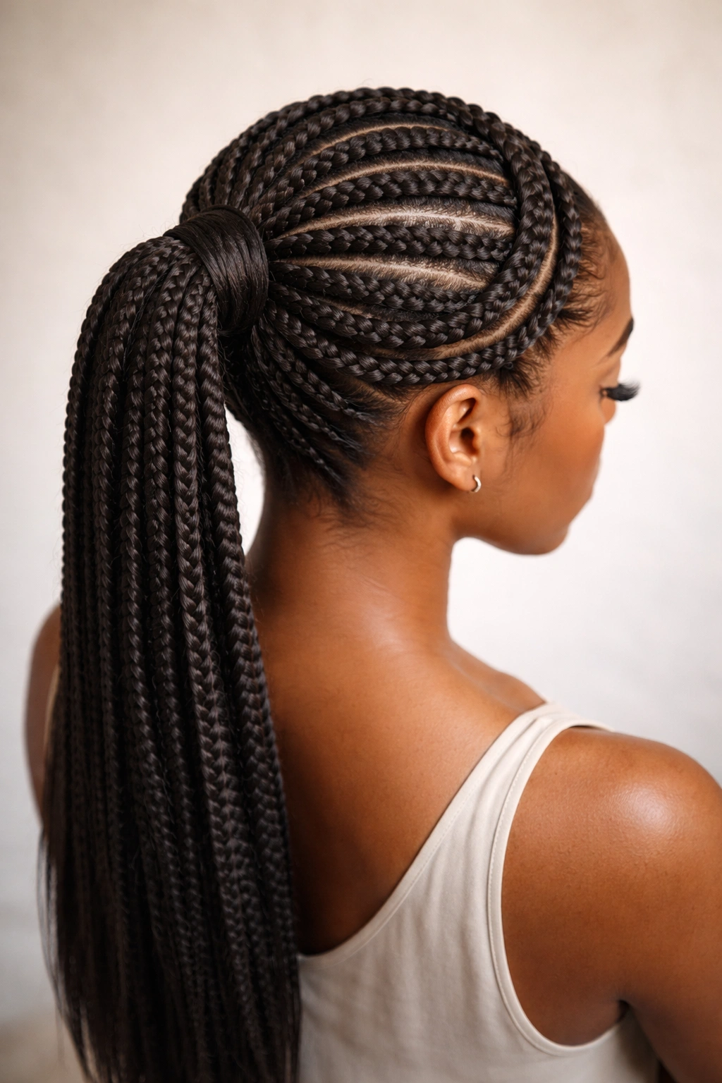 Halo of cornrows around head with central ponytail