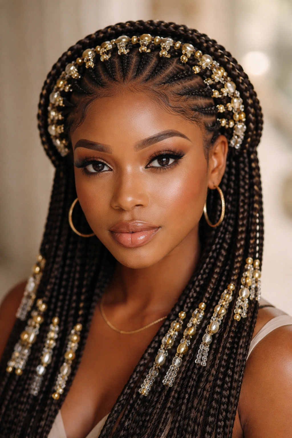 Close-up of halo crown beaded cornrows forming a circular halo around the head.