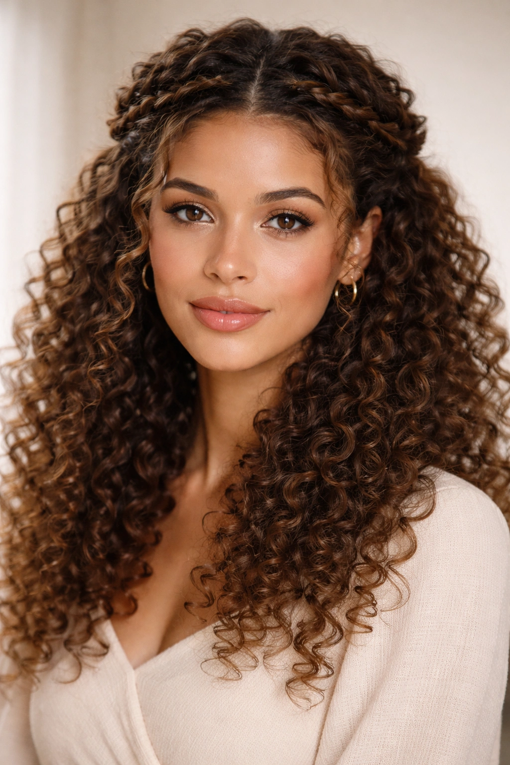Halo half-up hairstyle forming a crown around the head with curls flowing below.