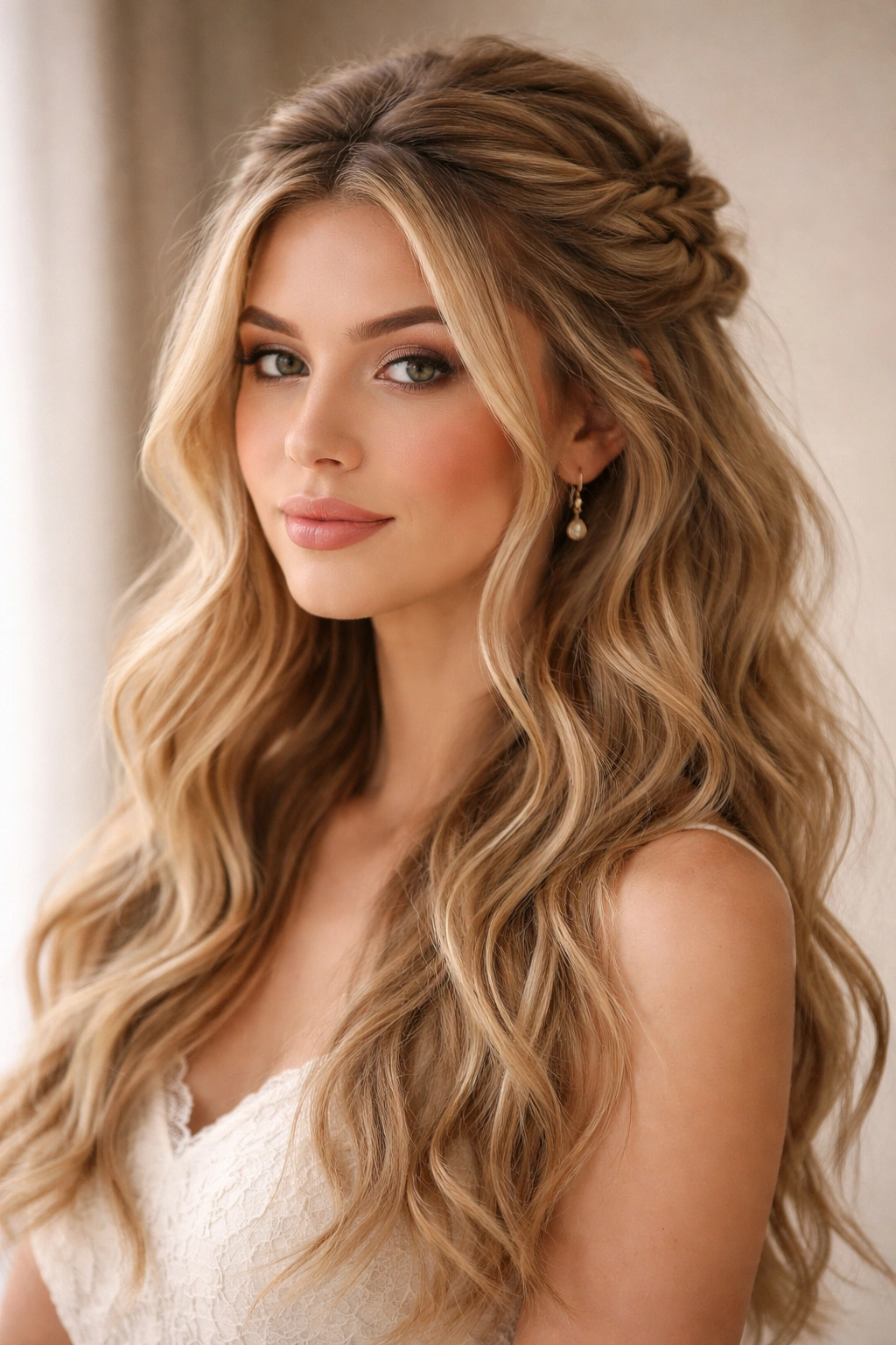 Halo half-up hairstyle with crown twists and loose waves.