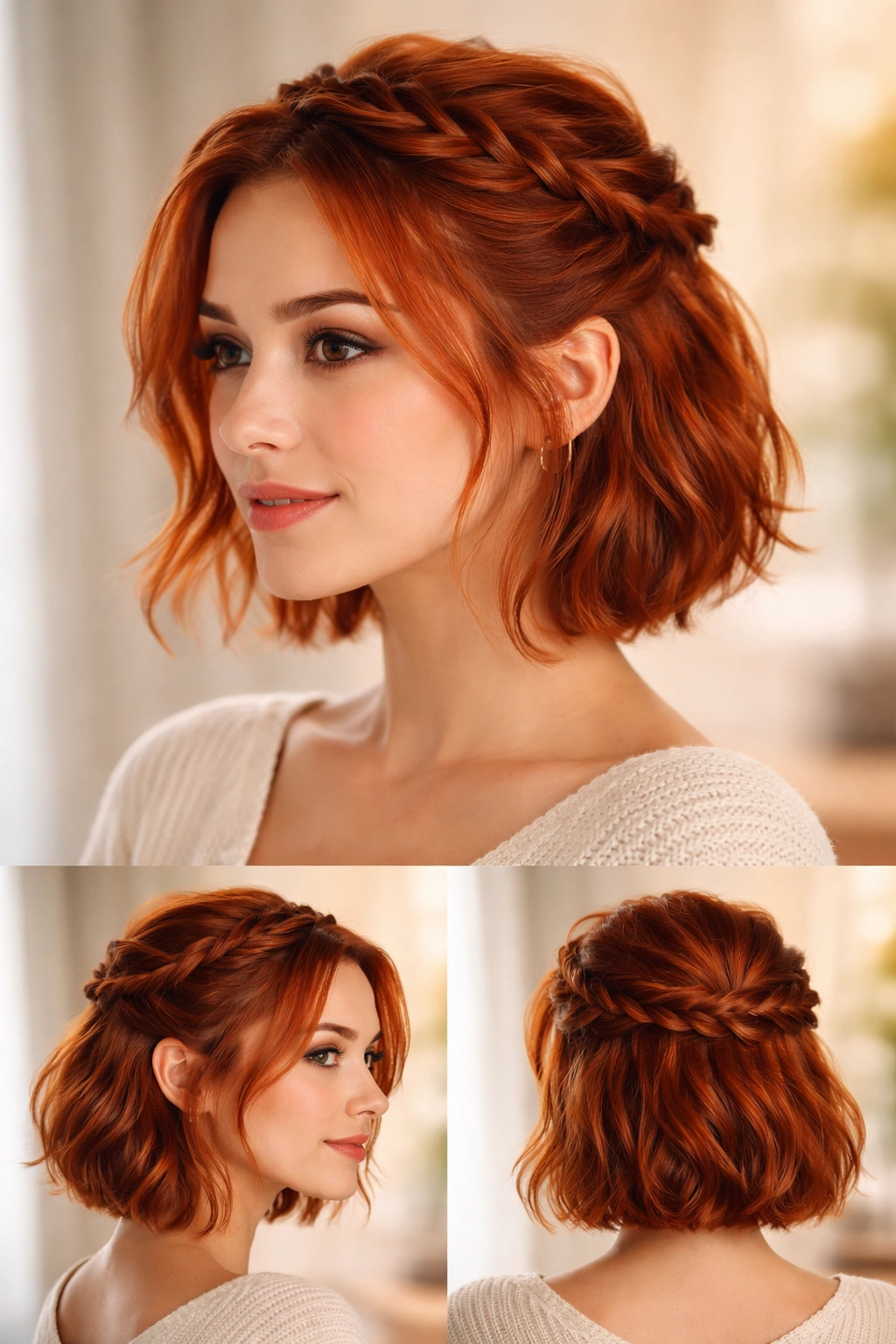 Short red hair styled into a halo half-up crown