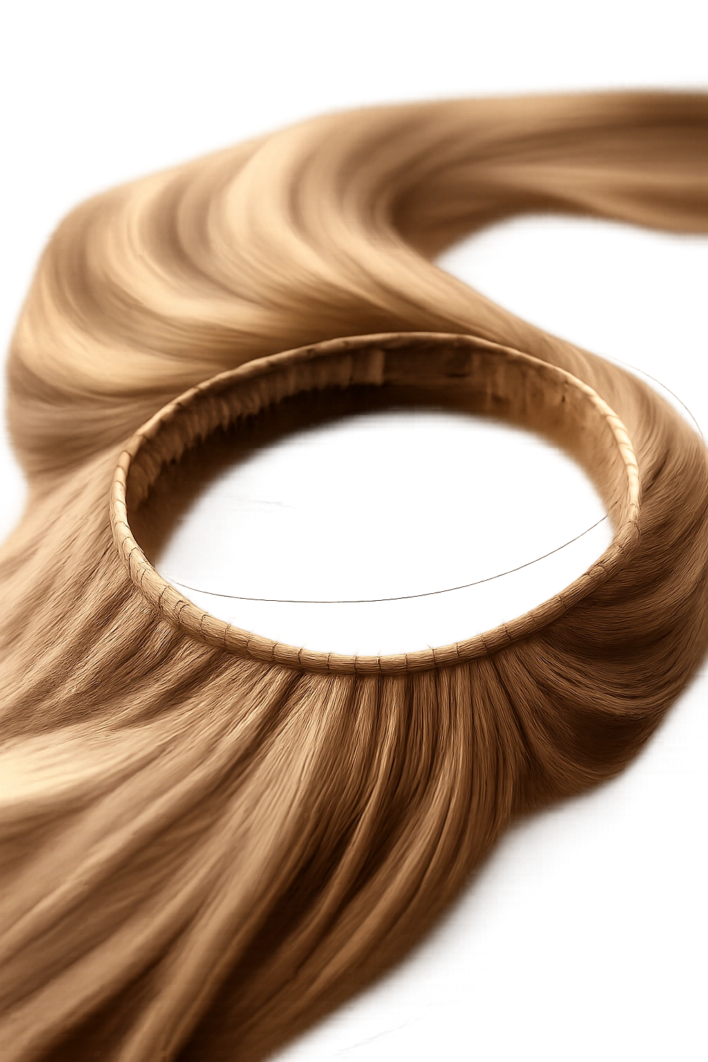 Close-up of a halo band with hair attached underneath against a white background