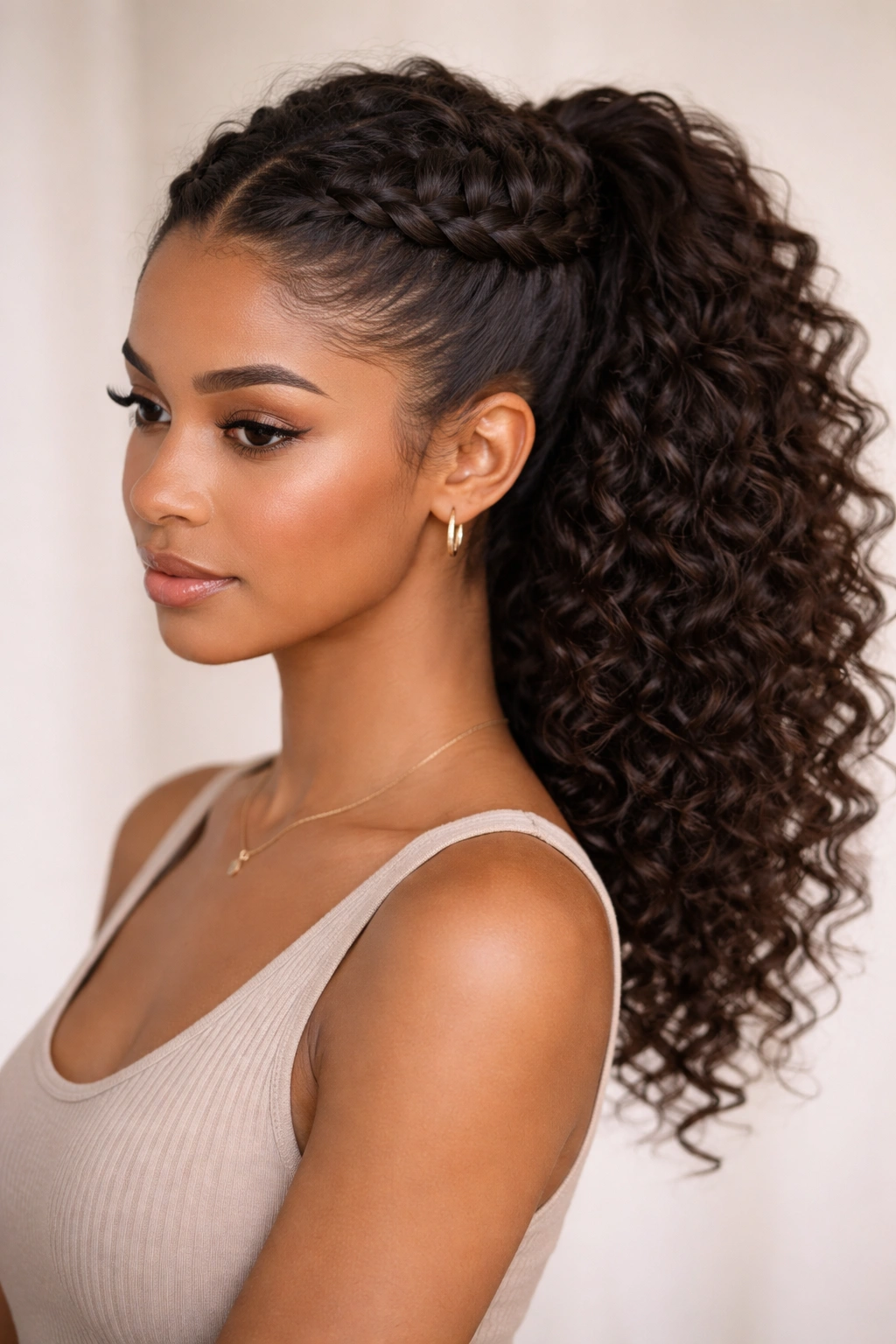Front view of crown halo weave framing a mid-height ponytail with defined sections.