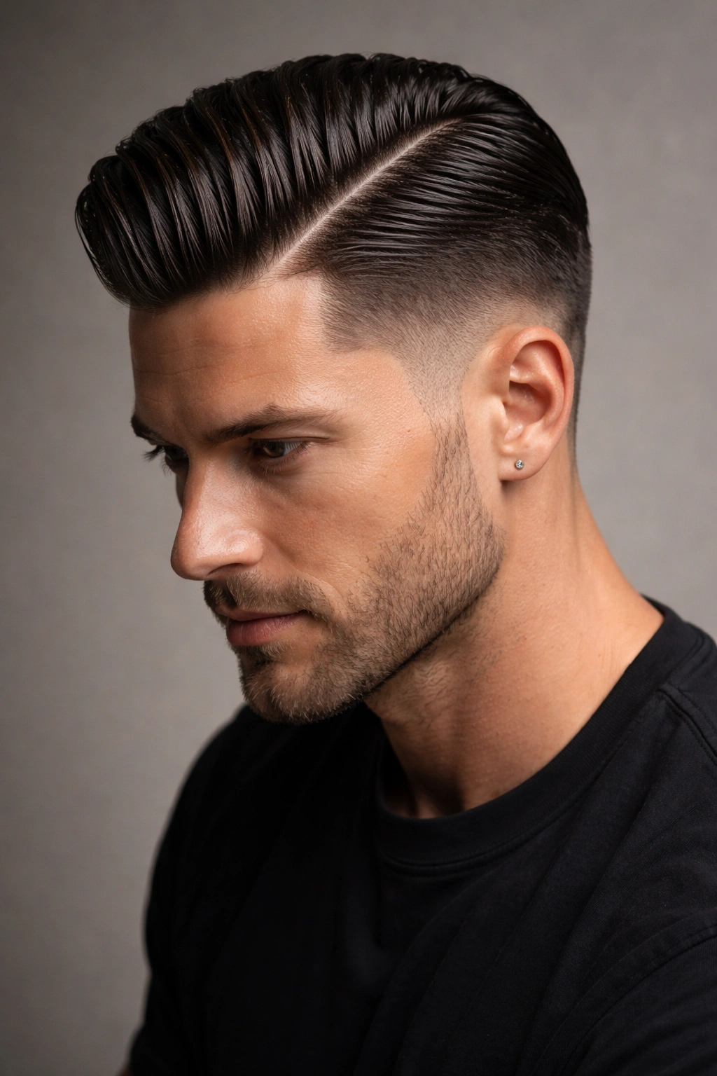 Portrait highlighting a sharp hard part line in slicked-back hair