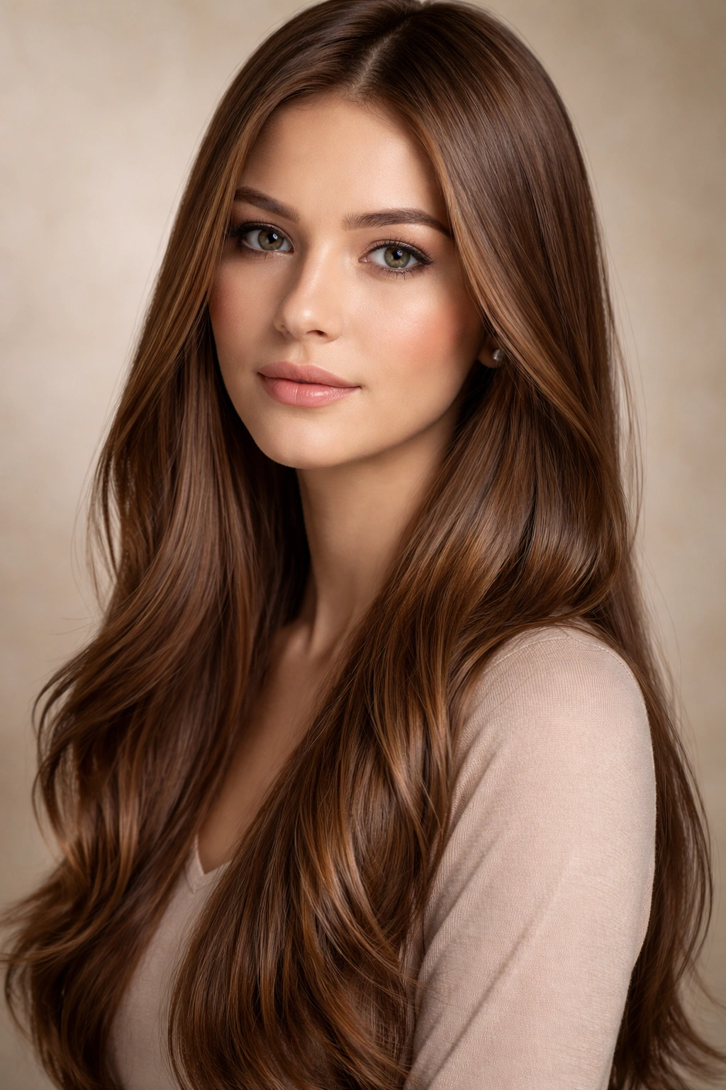 Hazelnut brown hair with golden and reddish undertones in a straight hairstyle.