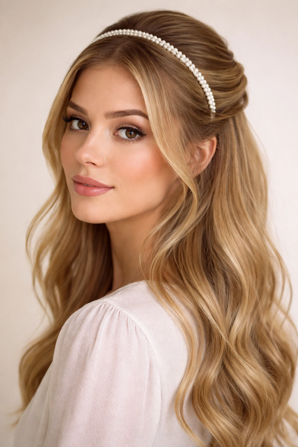 Half-up hairstyle with a delicate headband and tucked section