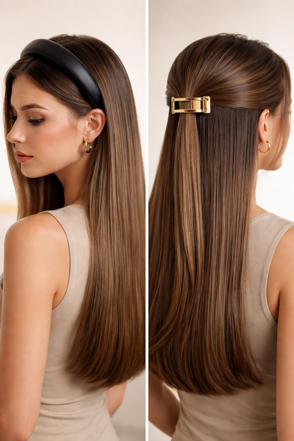 Straight hair accessorized with a structured headband or clip