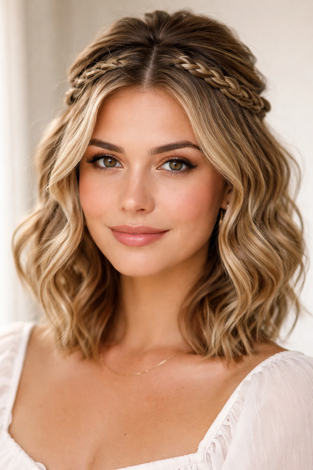Thin front twist forming a headband on short wavy hair