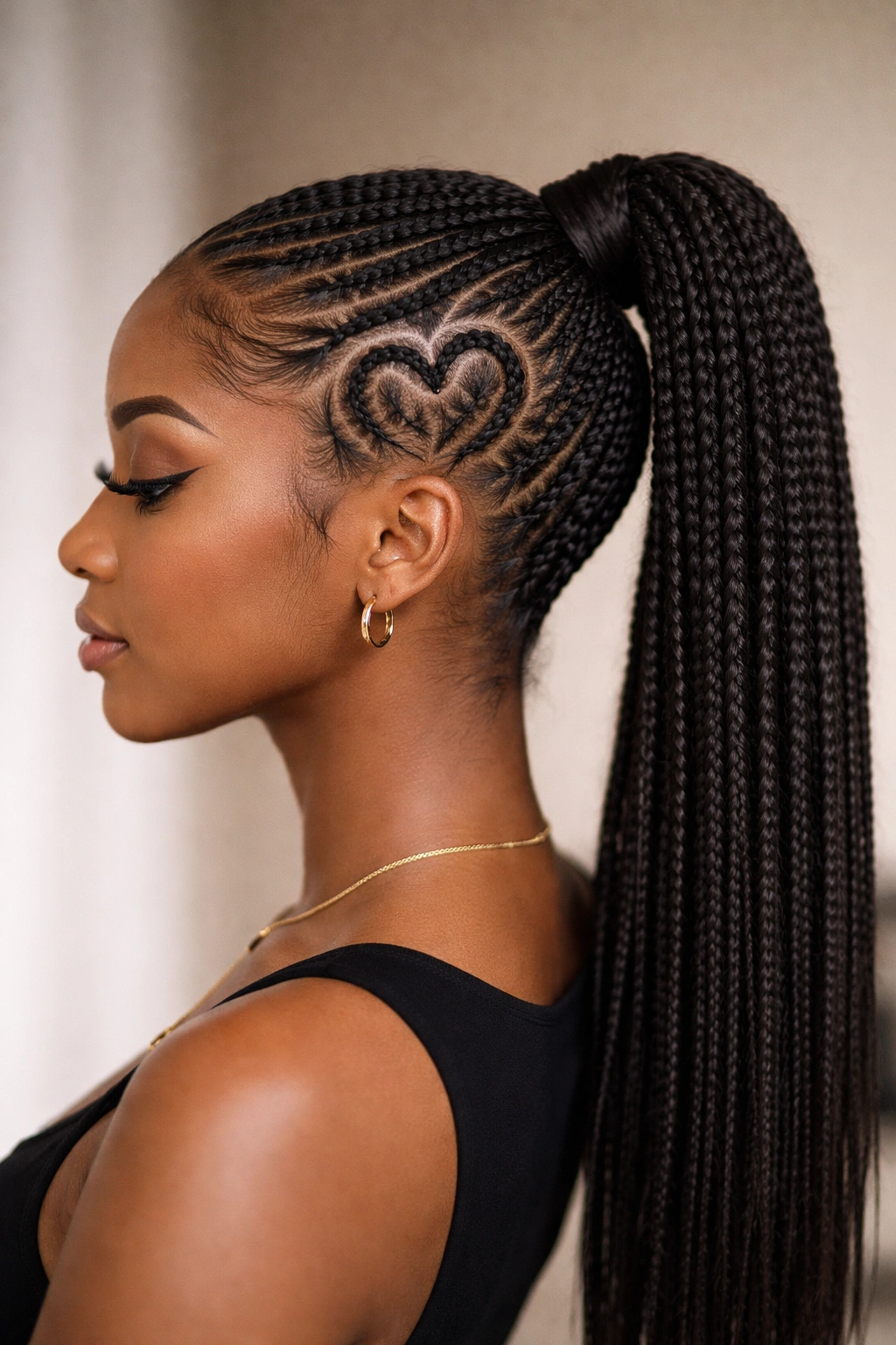 Side view of a heart-accent cornrow on the temple with a ponytail