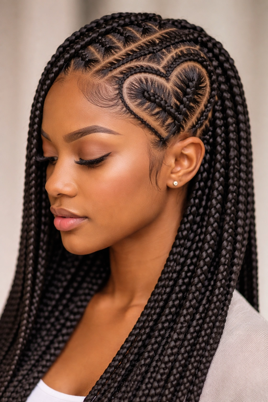 Close-up of a model with a heart-shaped outline woven in box braids within a larger grid