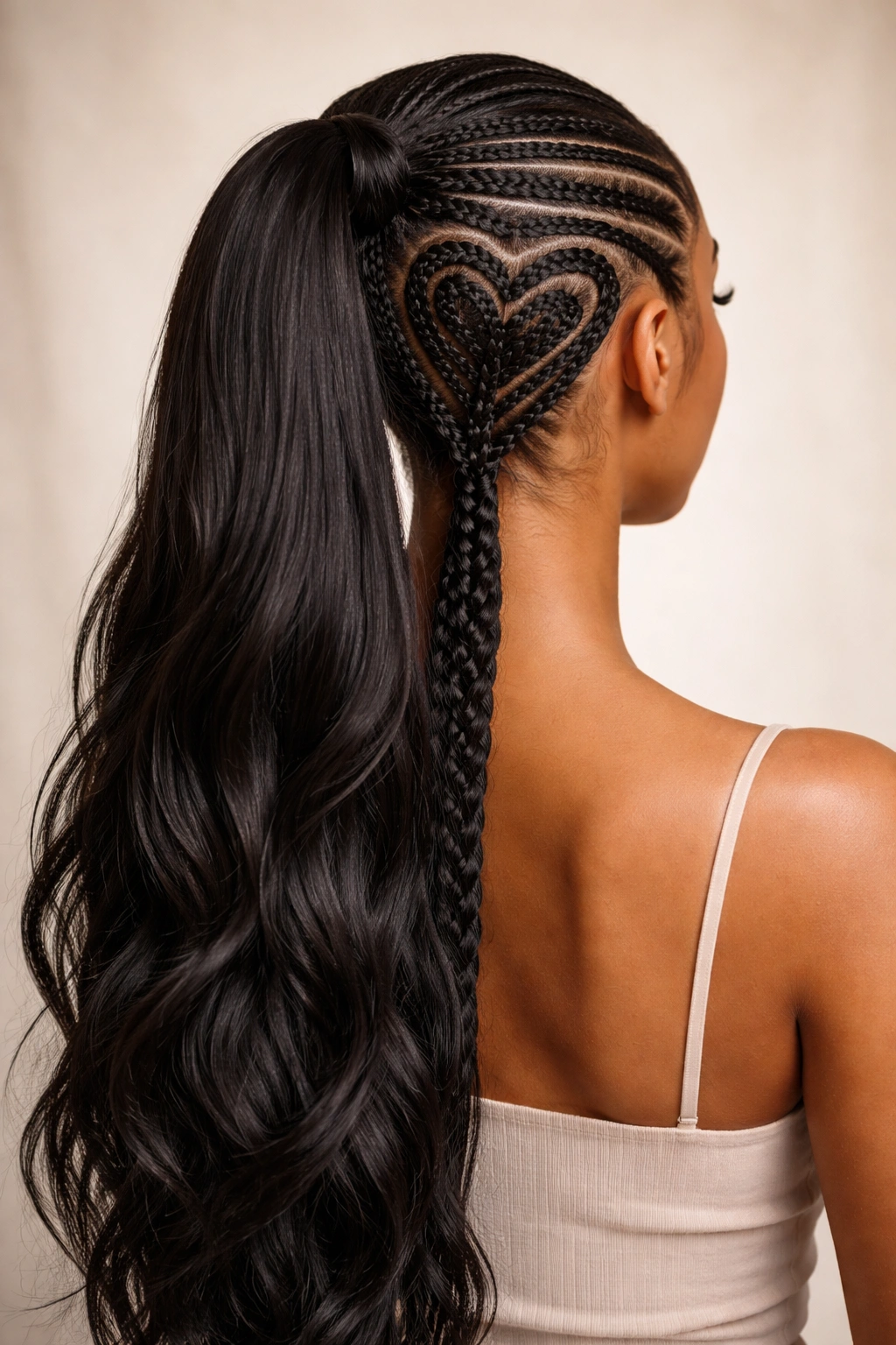 Back view showing a heart braided detail at the crown with the rest of the hair loose.