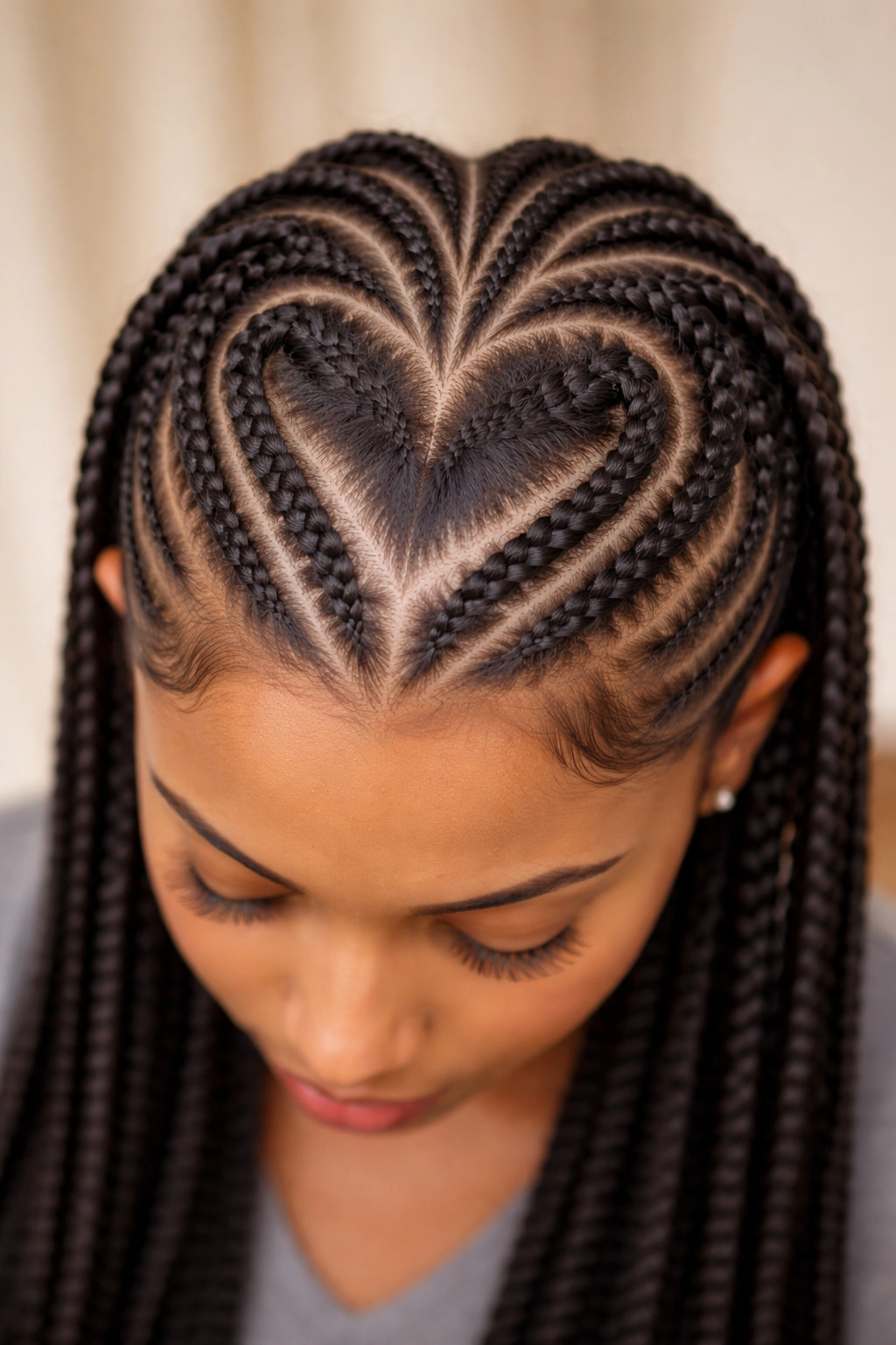Close-up of heart-shaped scalp part with cornrows around it