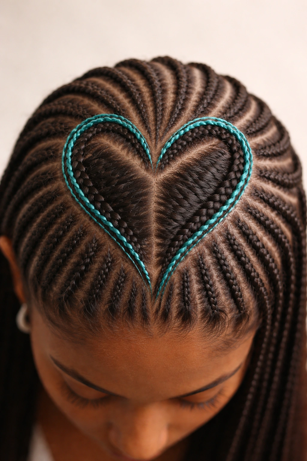 Close-up scalp with a teal heart-outline formed by ultra-thin braids among regular cornrows