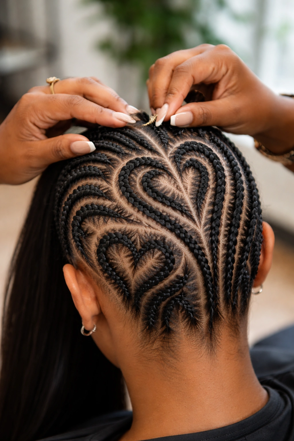 Close-up of braider creating crisp heart-pattern cornrows showing symmetry