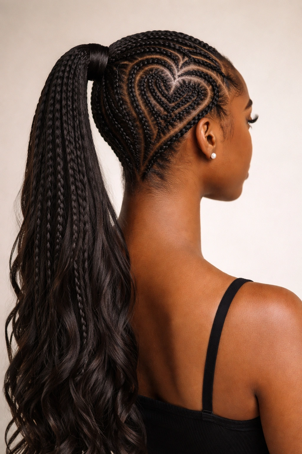 Back view of a classic heart-shaped cornrow outline forming a side ponytail.