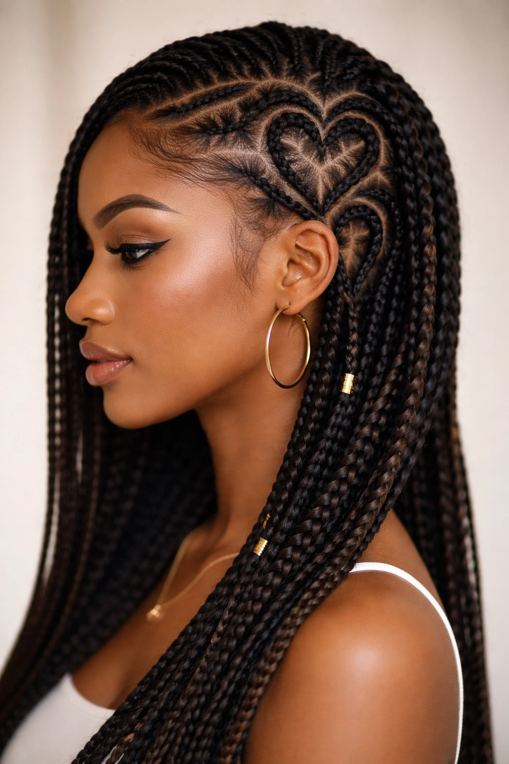 Two stacked heart cornrows along one side of the head